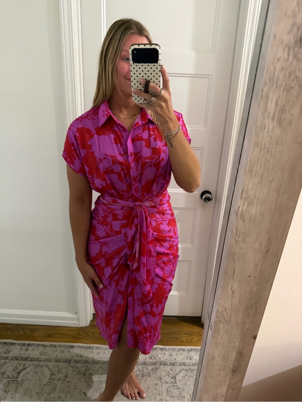 DO+BE Pink and Red Floral Midi Shirt Dress